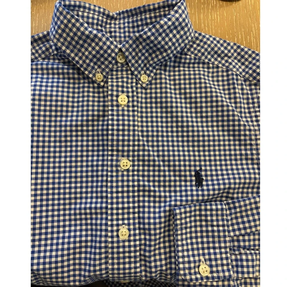 Ralph Lauren Boys Blue Gingham Check Button Down Shirt‎ Natural Stretch M 10-12